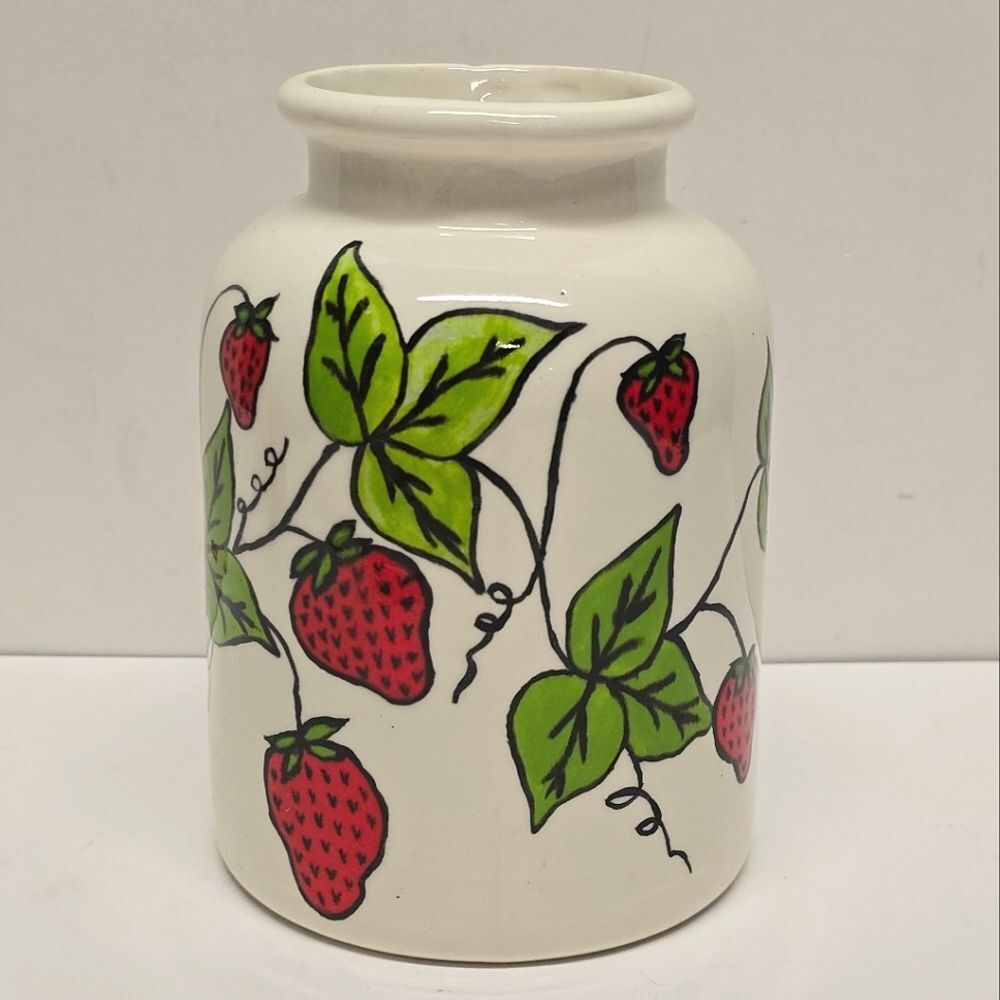 Strawberry Ceramic Pottery Hand Painted Vase Shebby Chic Farmhouse